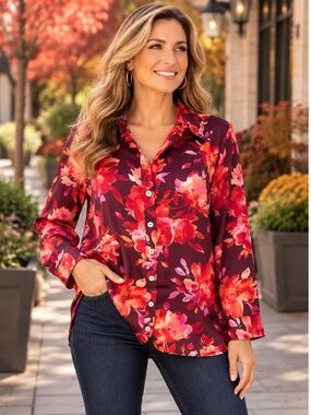 Colleen Lopez Floral Button Blouse Top Burgundy Size L NWOT